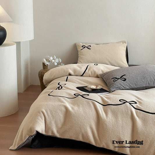 Bowknot Embroidered Plaid Velvet Bedding Set / Beige