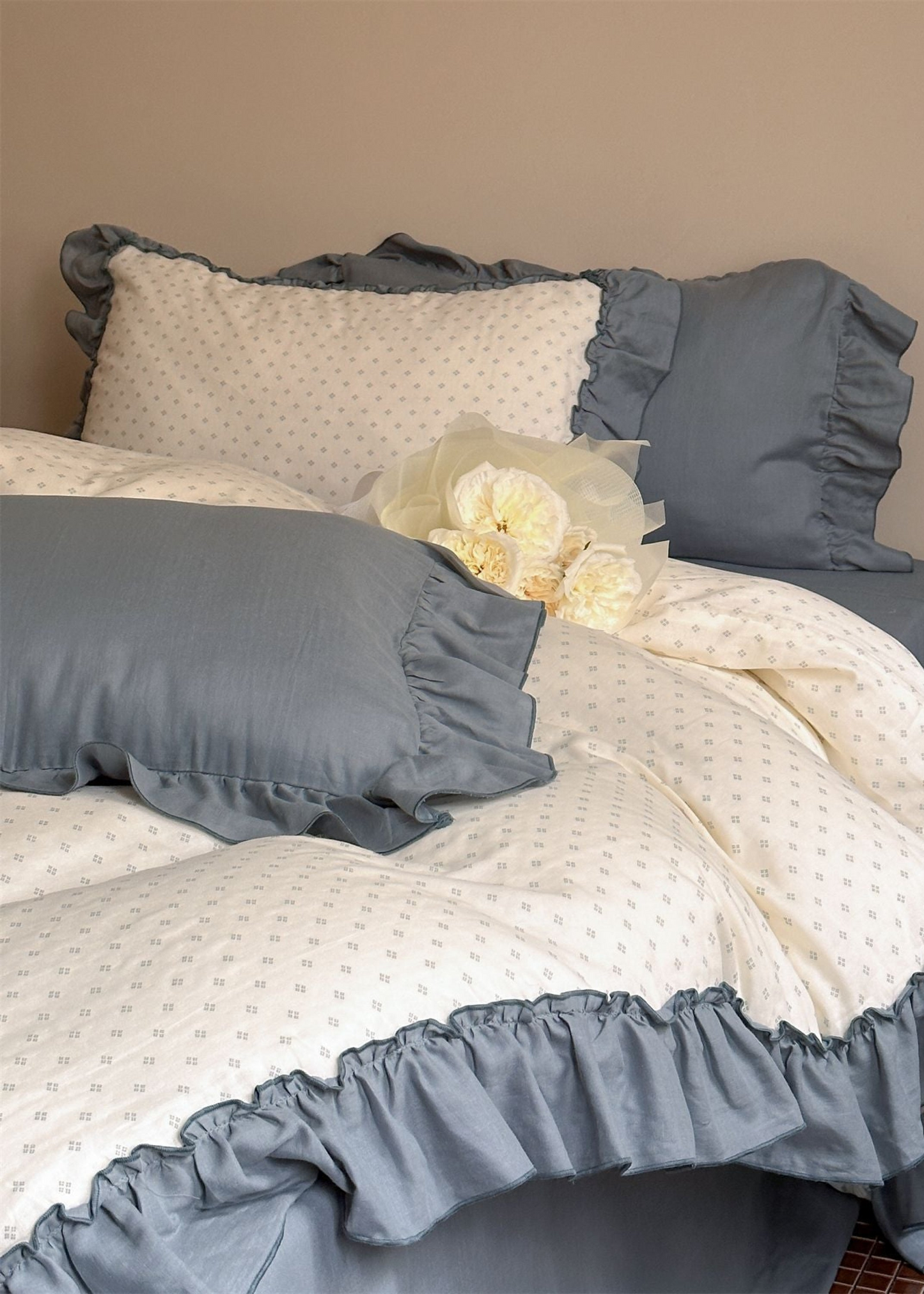 Cottage Inspired Ruffle Bedding Set / Soft Blue